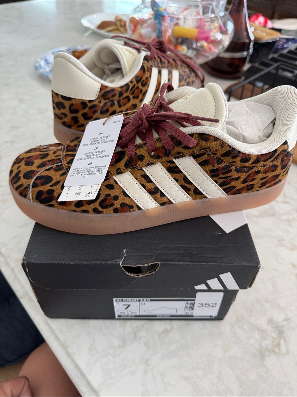 adidas Leopard Print Sneakers with Cream Stripes and Maroon Laces